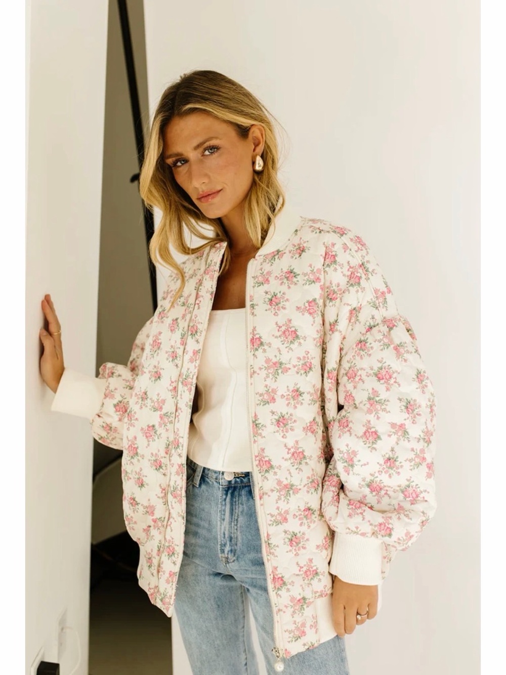 Floral Quilted Bomber Jacket - Pink/White
